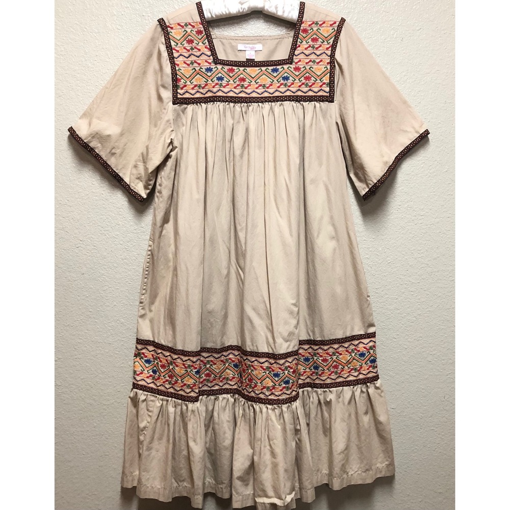 Go Softly Patio Tan Cotton Embroidered Muumuu Dress Square Neck Boho Large